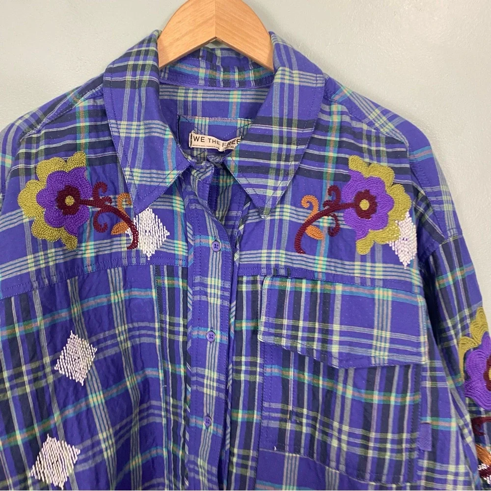 Free People Embroidered Sashiko Shirt Plaid Floral Oversized XL‎ Blue Purple